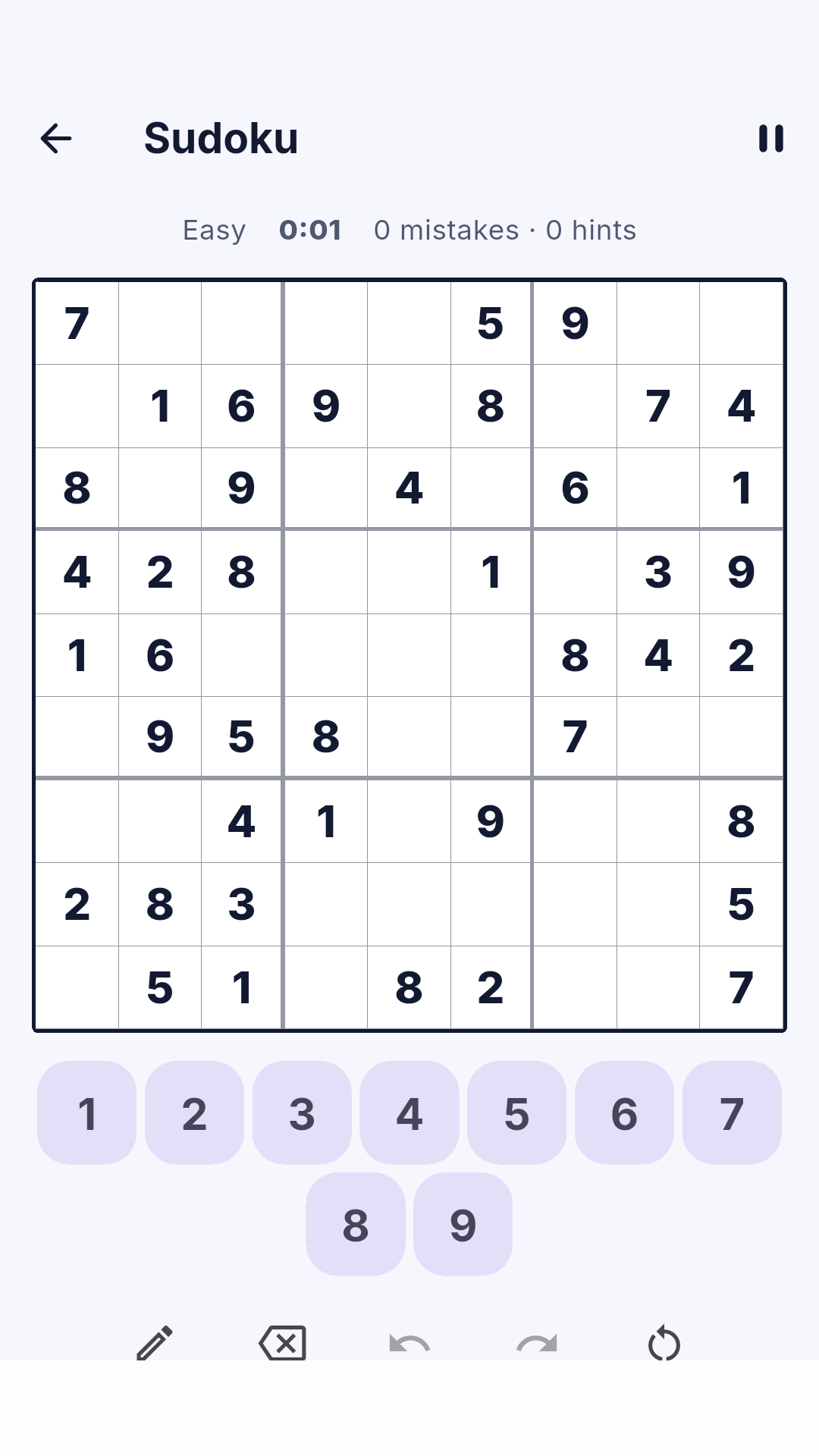 Numblora Sudoku grid with number choices and game controls