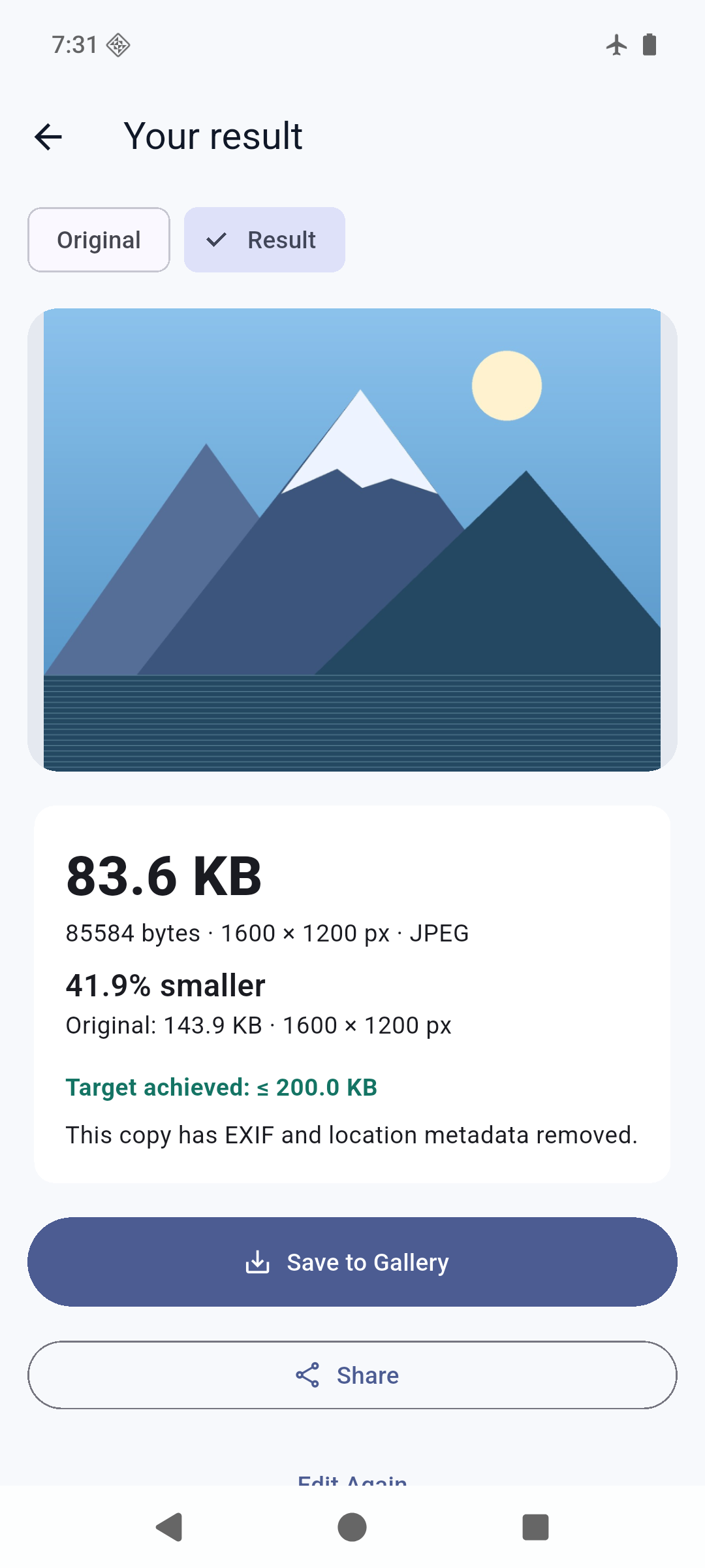 PixelFit result showing a compressed photo and its actual file size