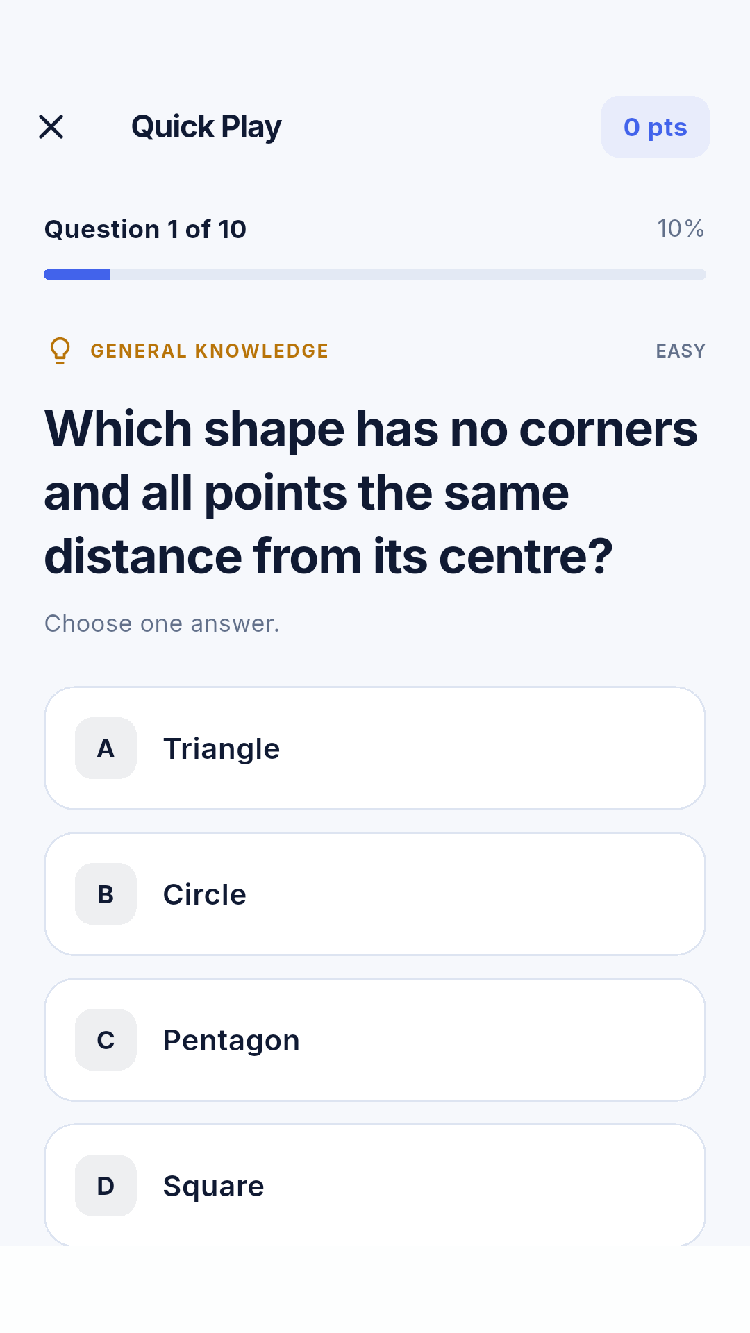 QuickQuiz question screen with four answer choices